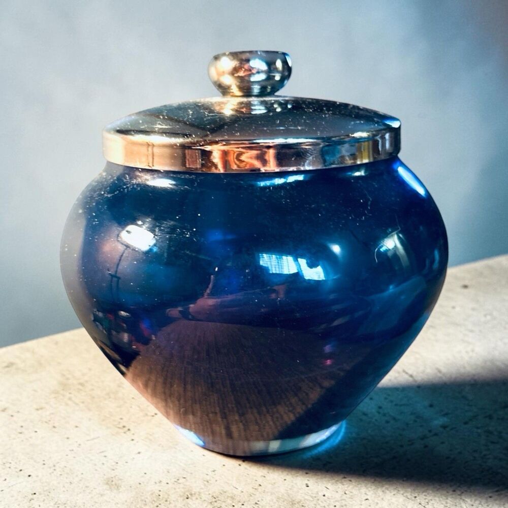 Mid Century Blown Glass Vanity Jar With Stainless Lid 5 Inch Diameter